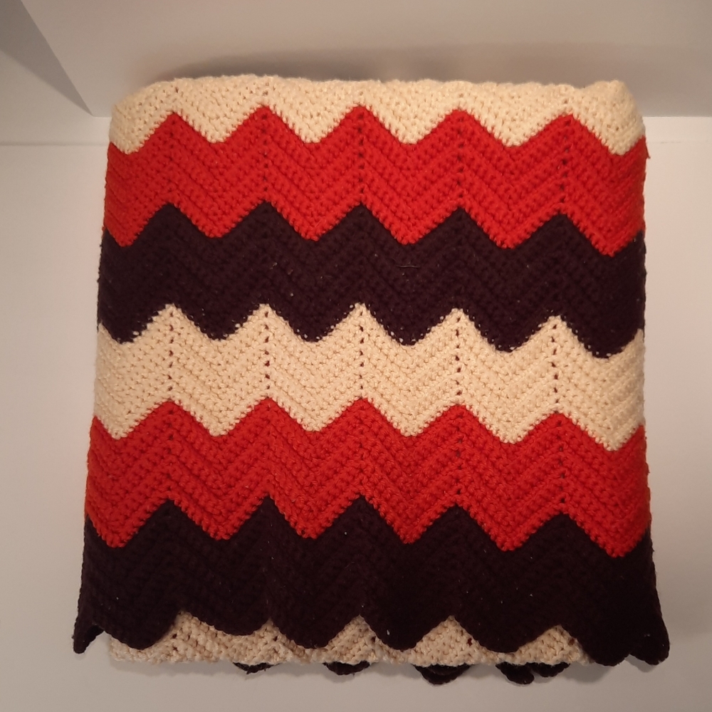Chevron Ripple Crochet Blanket in Orange, Brown, and Cream VTG